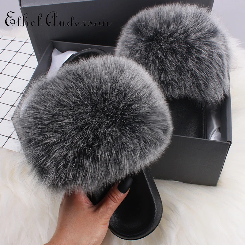 Top Trends: ETHEL ANDERSON New Luxury Fur Slide Real Fox Racoon Fur Slippers Women Home Fluffy Sliders Women Fashion Plush Fluffy Fur Slides Shoppable Styles