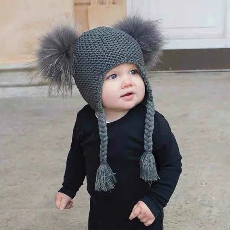 Top Trends: New Autumn Winter Baby Kids Beanie 15 CM Real Fur Pompom Hat For Children Warm Wool Knitted Earflap Cap Shoppable Styles