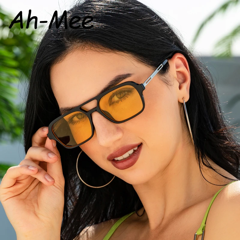 Top Trends: Fashion Square Sunglasses Women Men Brand Punk Small Frame Yellow Sun Glasses Female Retro Double Beam Metal Eyeglasses UV400 Shoppable Styles