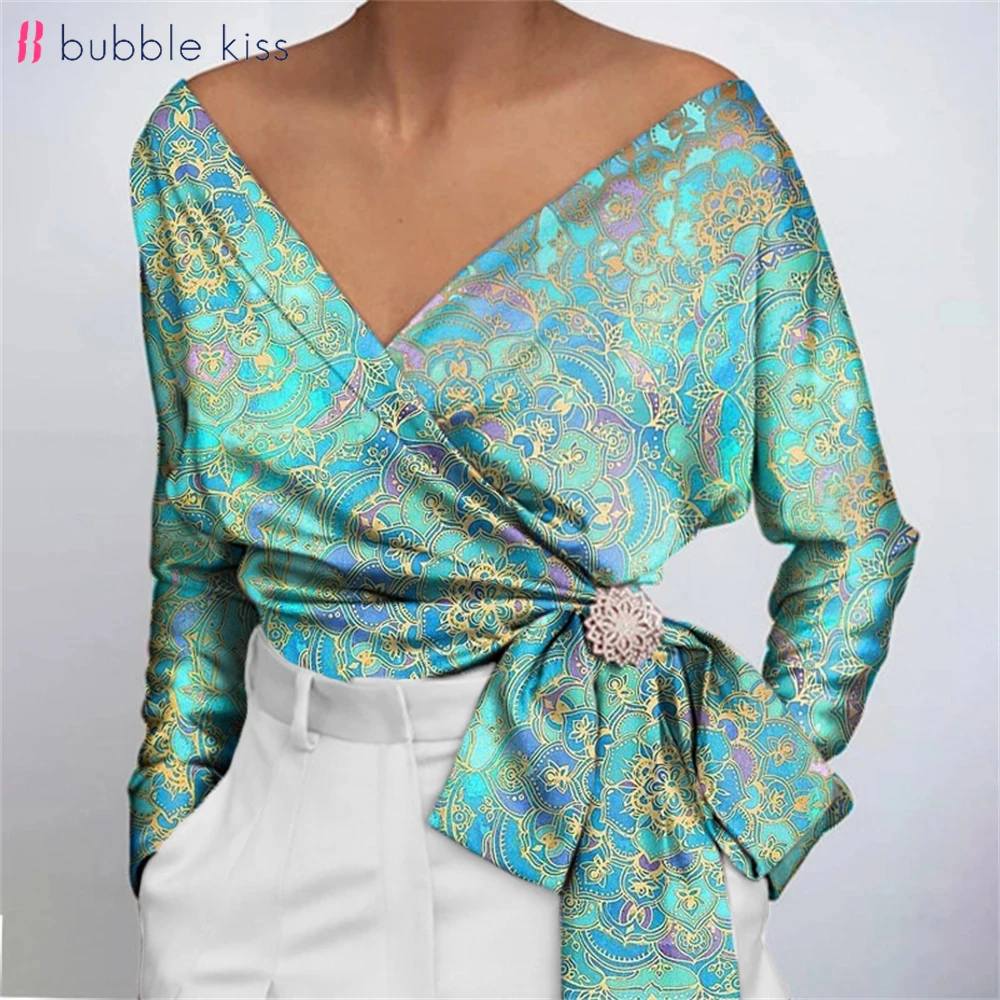 Top Trends: BubbleKiss Satin Blouse Women Fashion Patchwork Print Blouses Sexy Deep V Neck Long Sleeve Belted Tops Elegant Female Shirts Shoppable Styles - Image 2