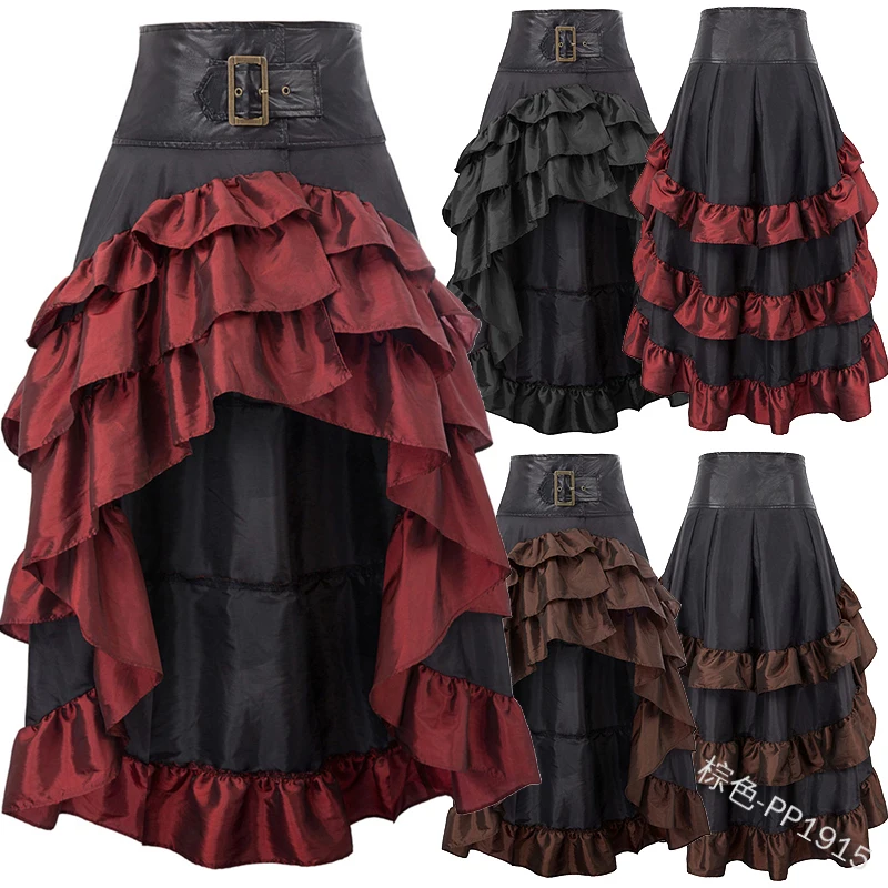 Top Trends: 2022 Women Medieval Retro Skirt High Waist Long Irregular Ruffled Stitching Cake Buckle Skirt Casual Plus Size Party Skirt Shoppable Styles