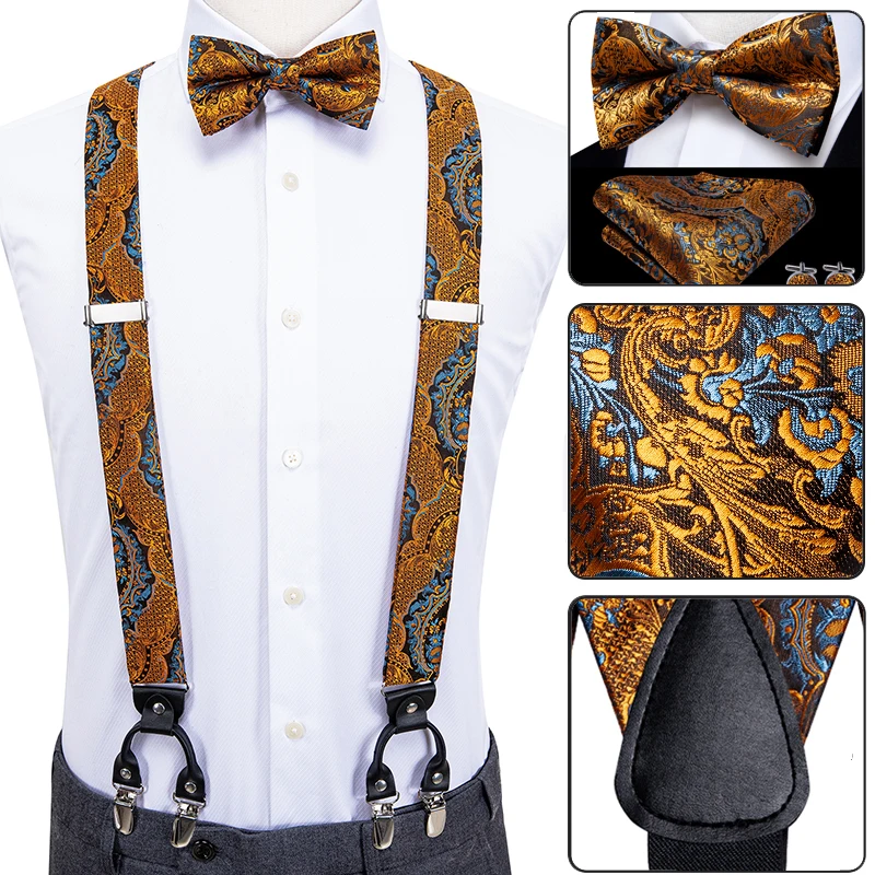 Top Trends: Luxury Silk Adult Men&#039;s Suspenders Metal 6 Clips Braces Bow Tie Hanky Cufflinks Male Wedding Party Vintage Elastic Adjustable Shoppable Styles