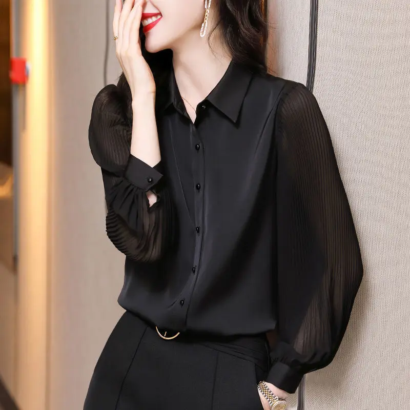 Top Trends: Women's Shirt Spring Autumn New Elegant Folds Lantern Long Sleeve Blouse Fashion Office Lady Solid Turn-down Collar Tops Ladies Shoppable Styles