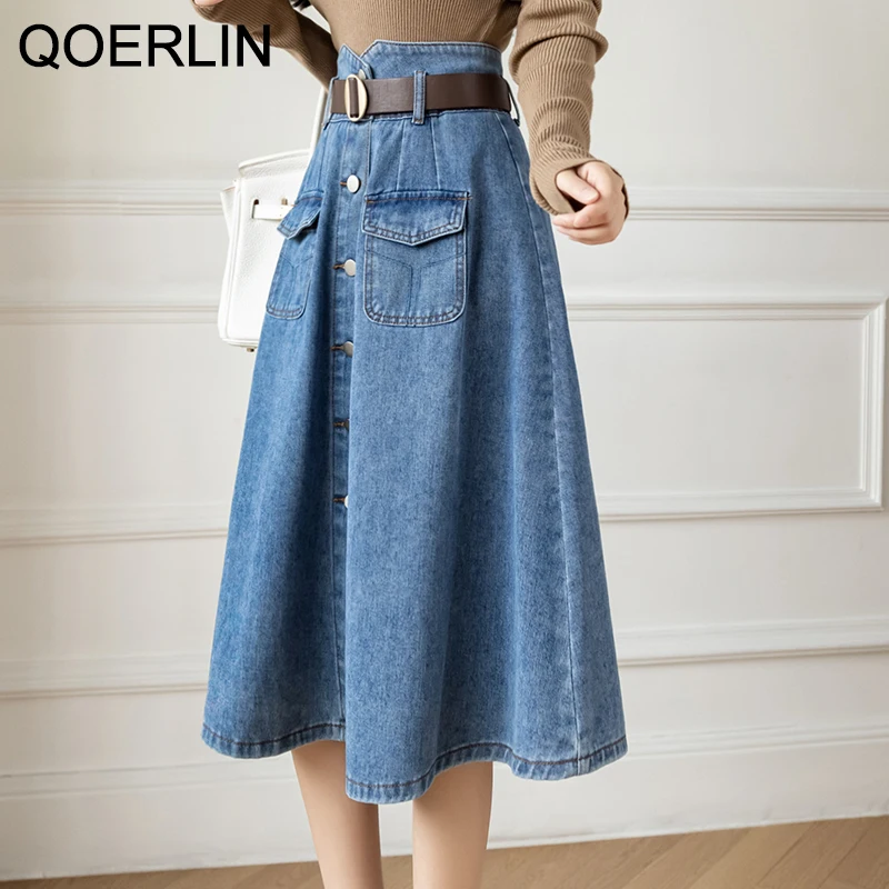 Top Trends: QOERLIN Skirt With Belted 2022 New Vintage Women's Denim Skirt High Waist Jeans Skirt Female Chic A-line Pocket Skirt A-Line Shoppable Styles - Image 6