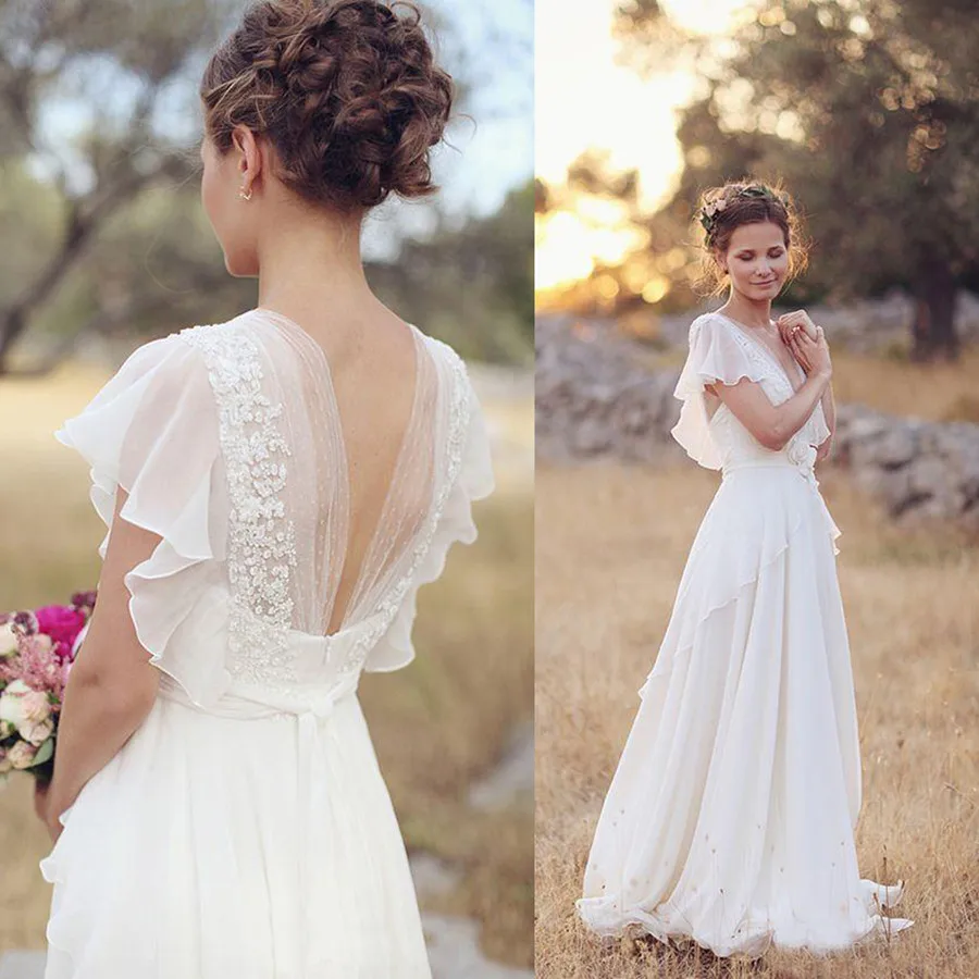 Top Trends: Boho V-Neck Wedding Dresses Chiffon A Line Short Sleeves Backless Floor Length Ruffles Beach Bridal Gowns Bohemian Simple Summer Shoppable Styles