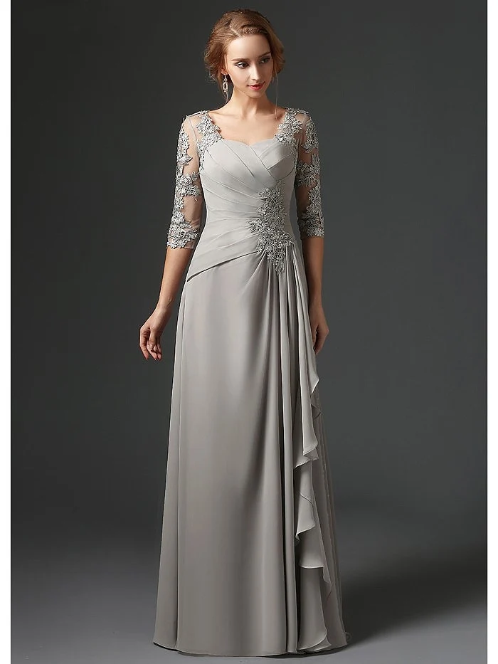 Top Trends: Silver 2019 Mother Of The Bride Dresses A-line 3 / 4 Sleeves Chiffon Lace Plus Size Long Elegant Groom Mother Dresses Wedding Shoppable Styles