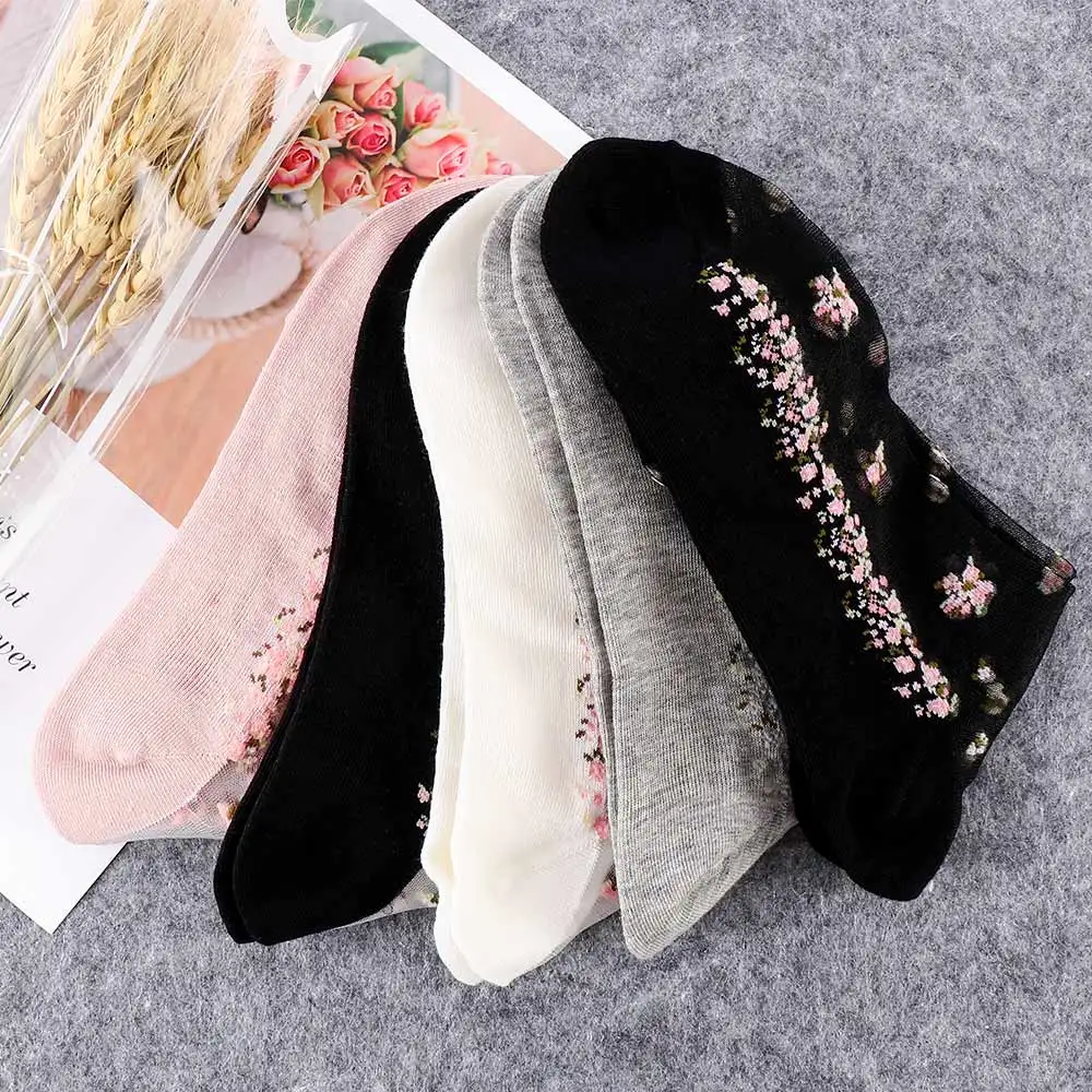 Top Trends: 1 Pair Breathable Ultra Thin Socks Summer Women Transparent Lace Silk Crystal Rose Flower Girls Elastic Short Socks Female Sox Shoppable Styles - Image 4