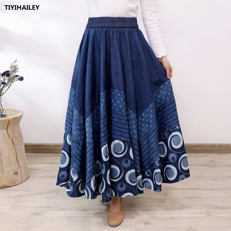 Top Trends: TIYIHAILEY 2023 Long Maxi A-line Skirt Women Elastic Waist Spring Autumn Denim Jeans Vintage Big Hem Skirt Print Shoppable Styles