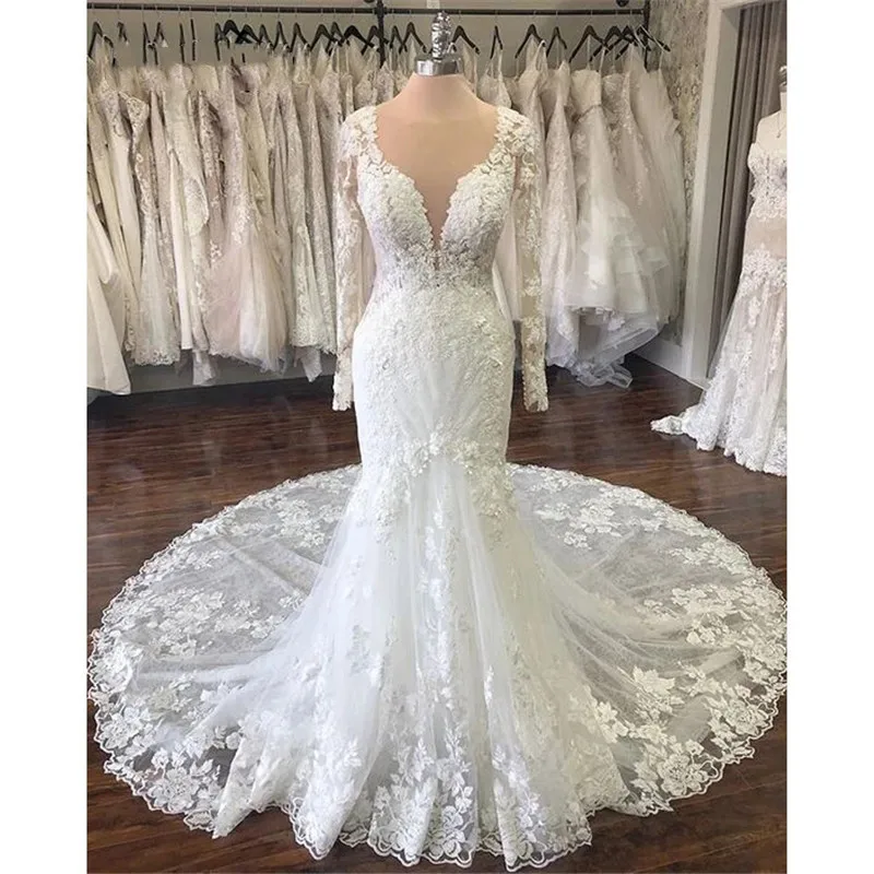 Top Trends: Vestido De Noiva Mermaid Wedding Dress 2024 Long Sleeve Lace Sheer Scoop Neck Backless Sexy Bridal Dress Robe De Mariee Shoppable Styles