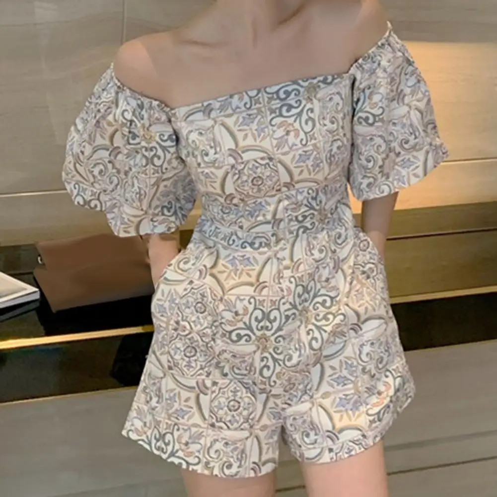 Top Trends: Puff Sleeve Off Shoulder Women&#039;s Jumpsuit Summer Waist Tight Floral Print Romper Sleeveless Playsuit For Women Casual Playsuits Shoppable Styles