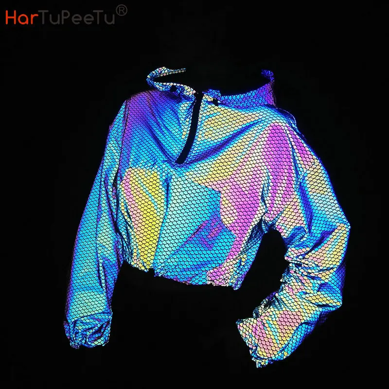 Top Trends: Women Reflective Rainbow Jacket Jogger Crop Top Fish Scale Drawstring Front Pocket Hooded Coat Hip Hop Dance Party Streetwear Shoppable Styles