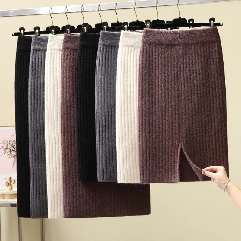 Top Trends: Elastic Women Skirt 2022 Autumn Winter Split Sexy Warm Knitted Pencil Skirts Office Ladies High Waist Party Elegant Long Skirt Shoppable Styles