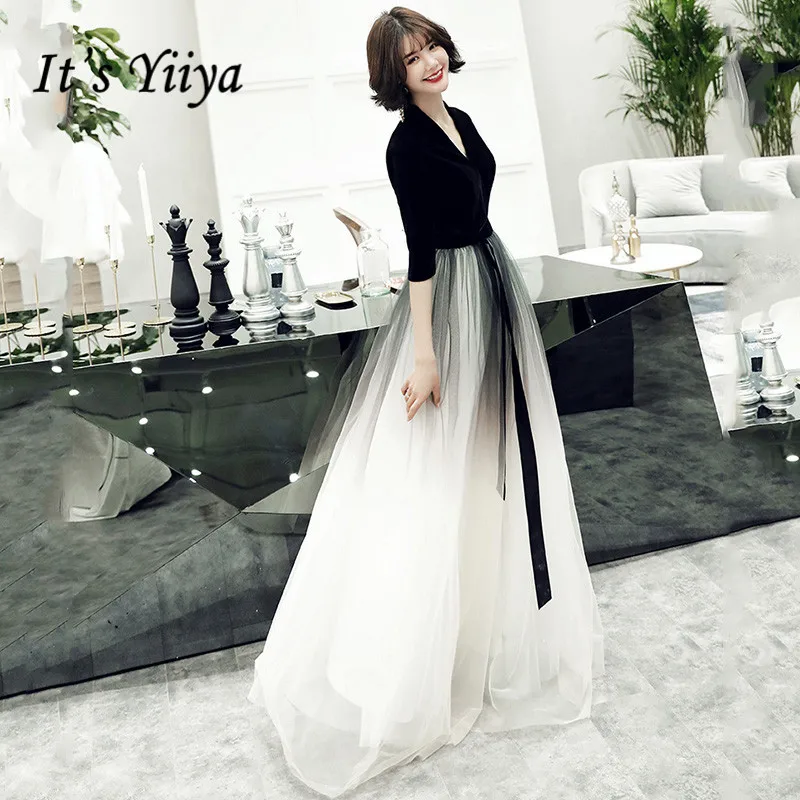 Top Trends: It Is Yiiya Black Evening Gown For Women Velvet V-Neck Half Sleeve Formal Dress 2020 Elegant Gradient Color Robe De Soiree K161 Shoppable Styles