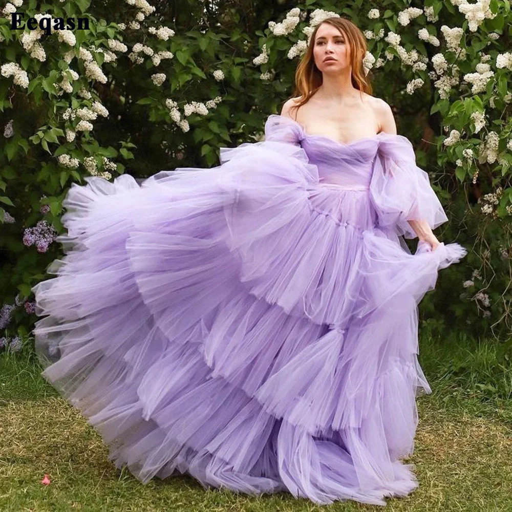 Top Trends: Bafftafe Lavender Long Puffy Sleeves Prom Dresses Korea Off The Shoulder Tiered Skirt Evening Gowns Lace Up Women Formal Dress Shoppable Styles