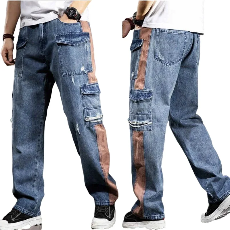 Top Trends: Multi-Pocket Loose Cargo Jeans Men Straight Fashion Wide-Legged Denim Pant Patchwork Baggy Jeans Size 29-40 Shoppable Styles