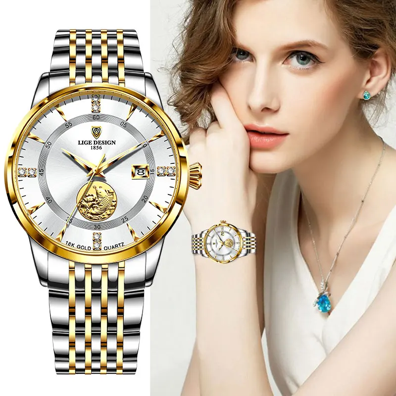 Top Trends: LIGE Women Watch Luxury Brand Fashion Ladies Watch Elegant Gold Steel Wristwatch Casual Female Clock Waterproof Montre Femme New Shoppable Styles