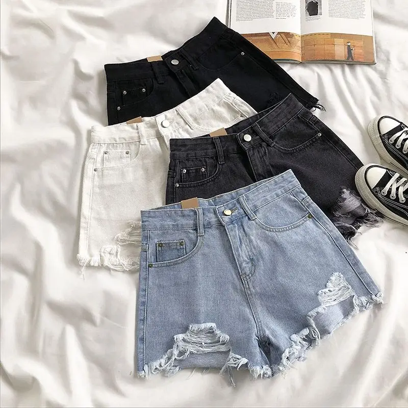 Top Trends: Casual High Waist Denim Shorts Women Summer Pocket Tassel Hole Ripped Jeans Short Female Femme Short Pants Women Shoppable Styles