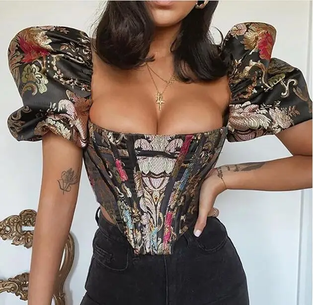 Top Trends: 2021 The New Square Collar Jacquard Boned Bustier Crop Tops Shirt Puff Sleeve Sexy Backless Shirts Blouse Women Zipper Elegant Shoppable Styles