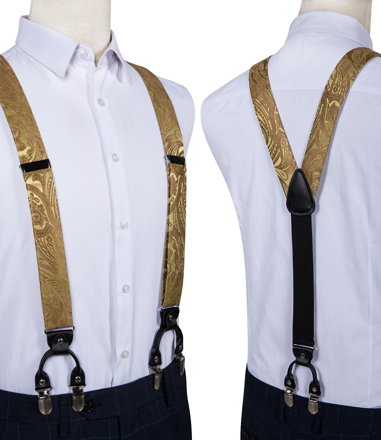 Top Trends: Elegant Gold Paisley Silk Suspenders Men Real Leather Metal 6 Clips Braces Elastic Suspenders Trouser Straps Men's Gift DiBanGu Shoppable Styles - Image 3