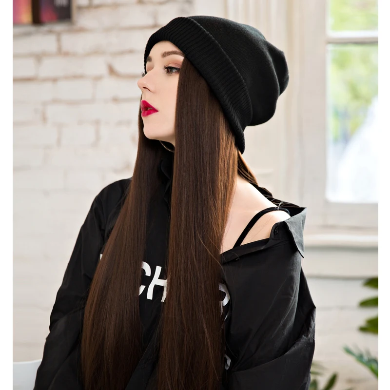 Top Trends: Long Straight Hat Wig Synthetic Hair Wigs Black Brown Pink 24inch Natural Connection Adjustable Hat Wig For Girl Party Shoppable Styles