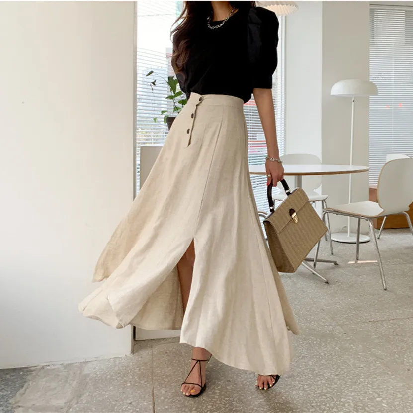 Top Trends: Korean Cotton Line Long Skirts Women High Waist Big Swing Split Summer Skirt Vintage Harajuku Buttons Irregular Midi Skirt Z017 Shoppable Styles