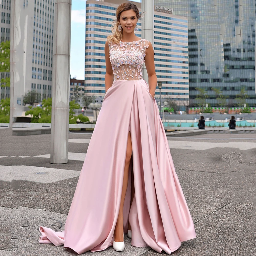 Top Trends: Princess A Line Pink Prom Dress 2024 Side Slit O-Neck Sleeveless 3D Floral Lace Applique Homecoming Graduation Formal Party Gown Shoppable Styles