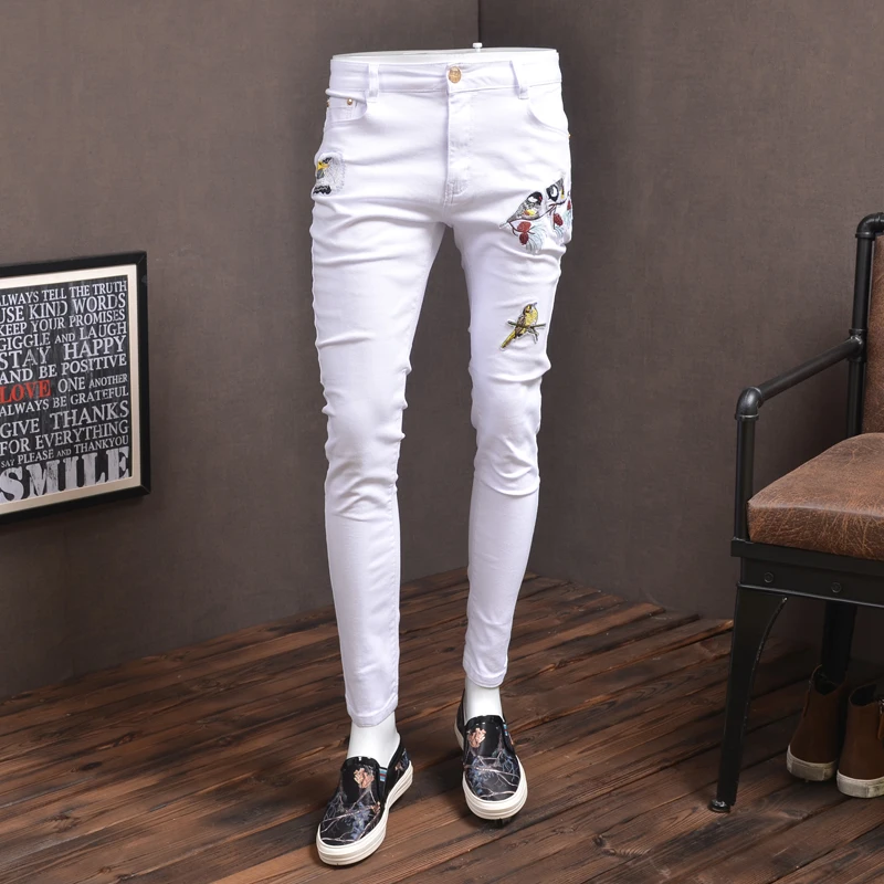 Top Trends: Fashion Skinny Jeans Elastic White Streetwear Bird Embroidery Pants For Cowboys Men P86 Shoppable Styles