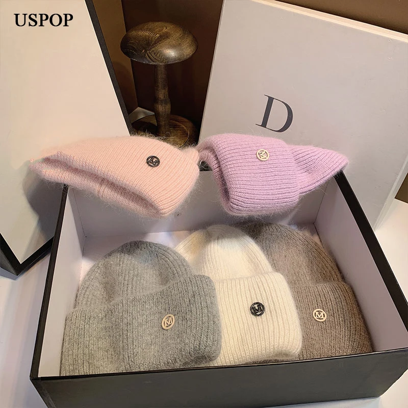 Top Trends: USPOP New Women's Hats Winter Thick Warm Knitted Hats Solid Color Letter M Soft Rabbit Hair Skullies Beanies Shoppable Styles