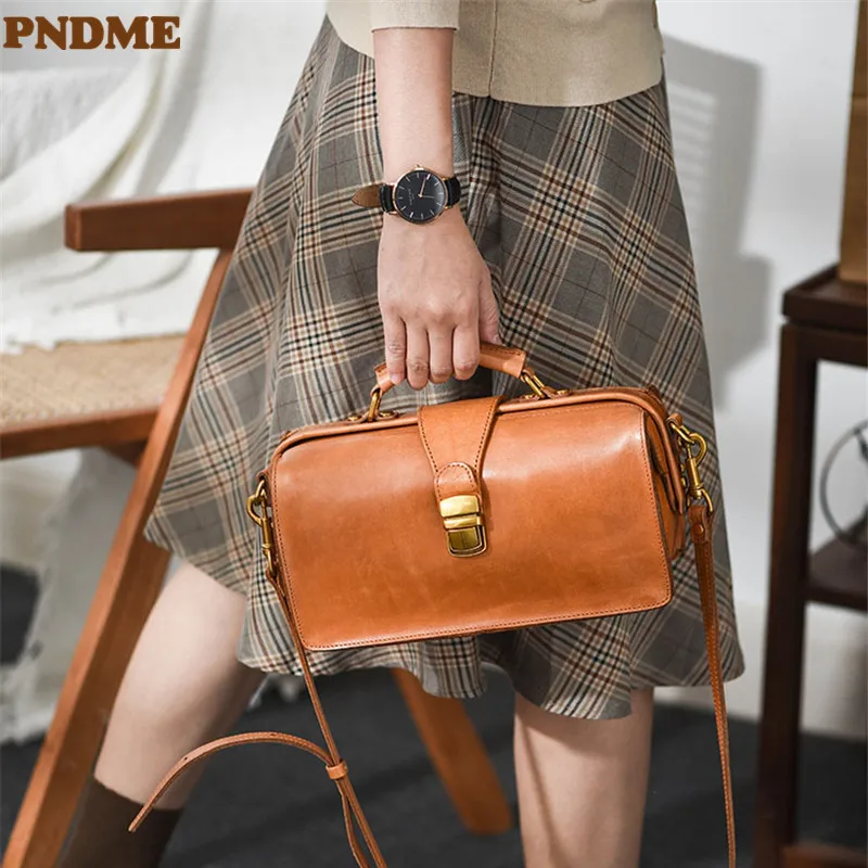 Top Trends: PNDME Luxury Natural Genuine Leather Women&#039;s Small Lock Handbag Fashion Shoulder Messenger Bag Designer Party Cowhide Doctor Bag Shoppable Styles