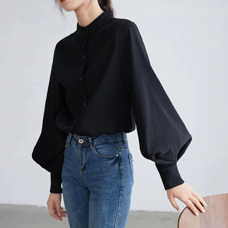 Top Trends: Big Lantern Sleeve Blouse Women Autumn Winter Single Breasted Stand Collar Shirts Office Work Blouse Solid Vintage Blouse Shirts Shoppable Styles