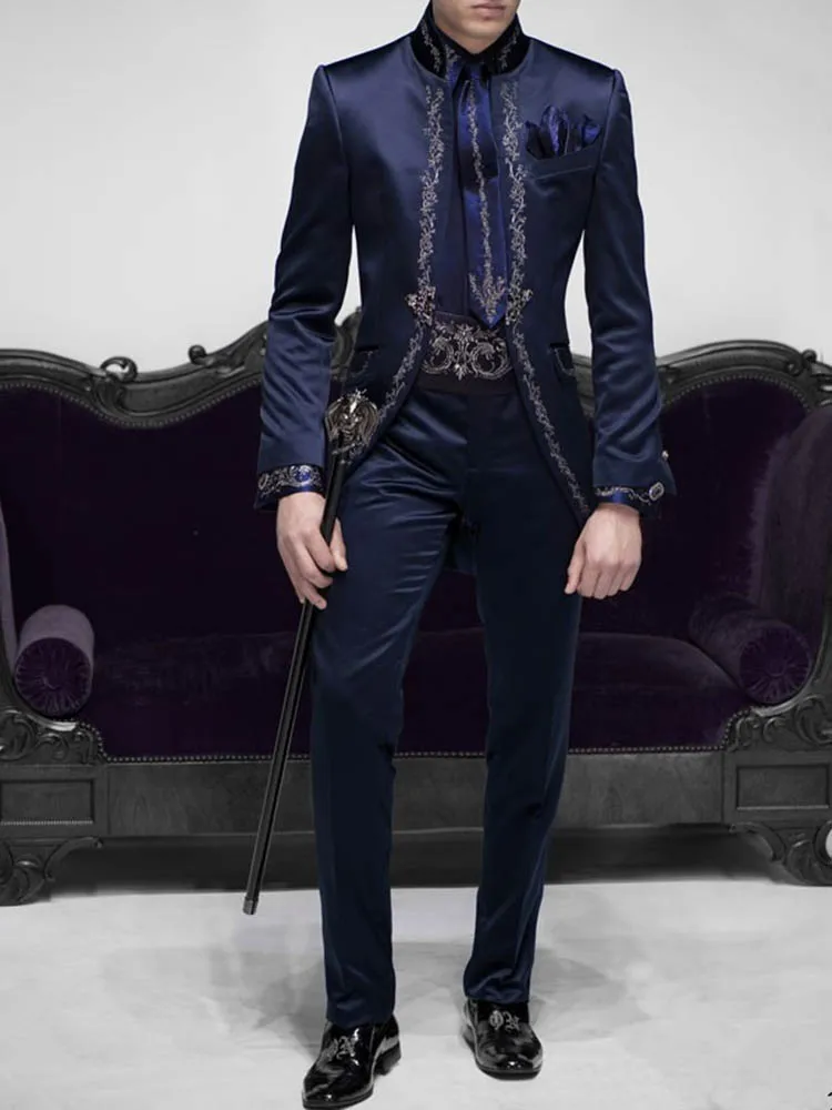 Top Trends: 2023 Tailor Made Italian Embroidery Navy Blue Men Suits Slim Fit Groom Prom 2 Piece Male Blazer Luxury Brand Jacket+ Pants Shoppable Styles - Image 2