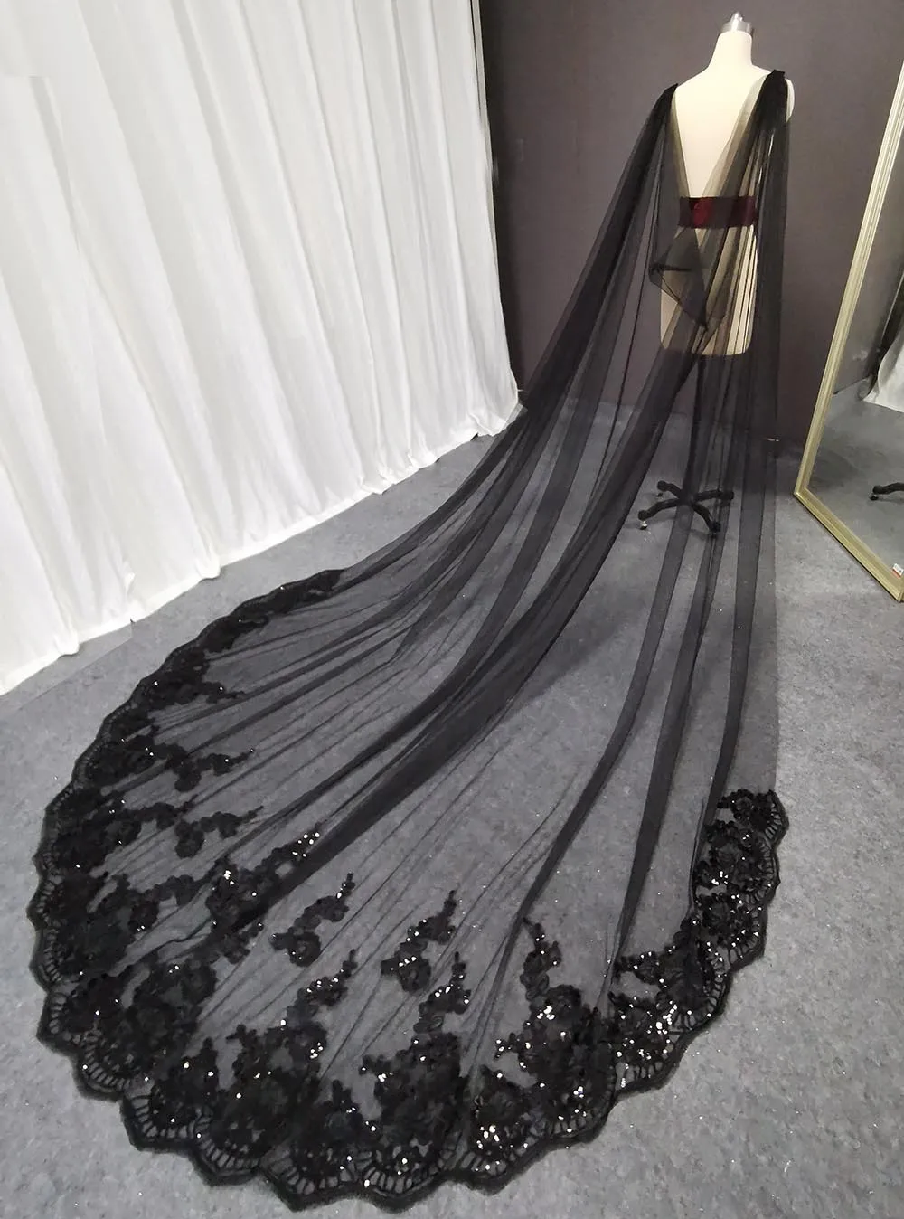 Top Trends: Real Photos Black Long Wedding Boleros Bling Sequins Lace Cathedral Bridal Cape Bolero Mariage Wedding Accessories Shoulder Veil Shoppable Styles - Image 6