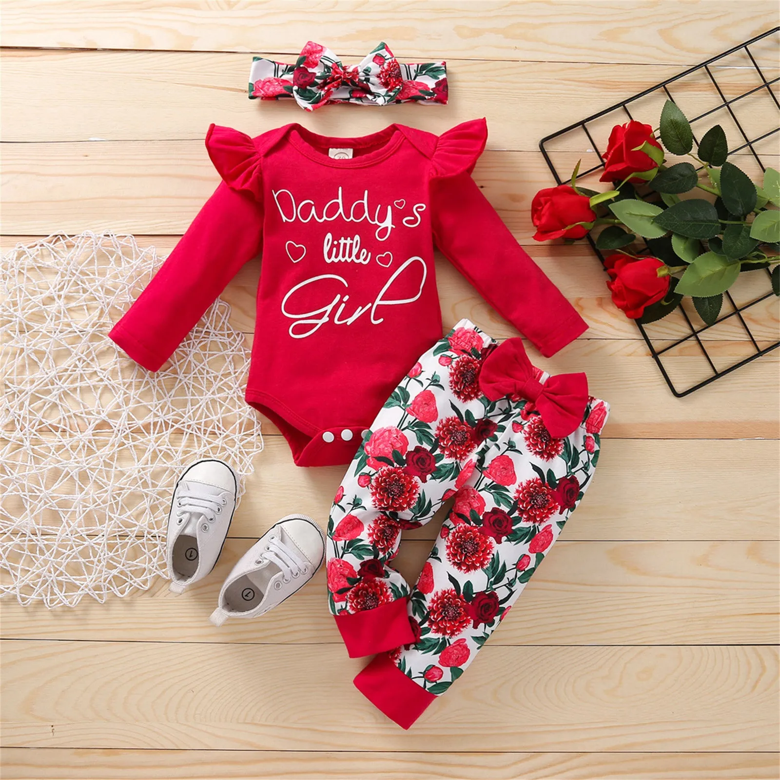 Top Trends: 3pcs Newborn Baby Clothes Girls Cotton Ruffle Letter Romper + Pants + Hairband Set Infant Baby Outfit Fall Girl Clothing 3 6 9 12M Shoppable Styles