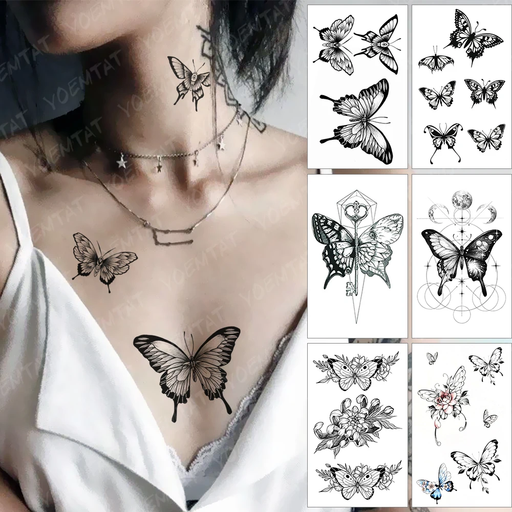 Top Trends: Waterproof Temporary Tattoo Stickers Black Butterfly Rose Transfer Flash Tatoo Women Sexy Neck Hand Chest Body Art Fake Tattoos Shoppable Styles