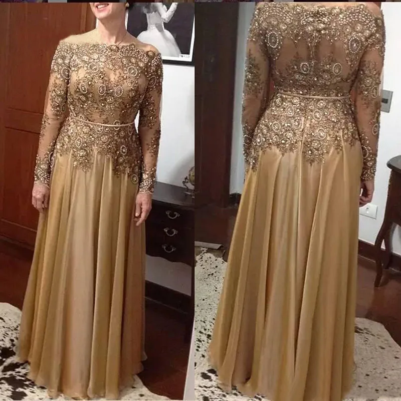 Top Trends: Gold Long Sleeve Mother Of The Bride Dresses For Weddings Elegant Lace Gowns Groom Mother Godmother Dinner Dresses 2021 Shoppable Styles