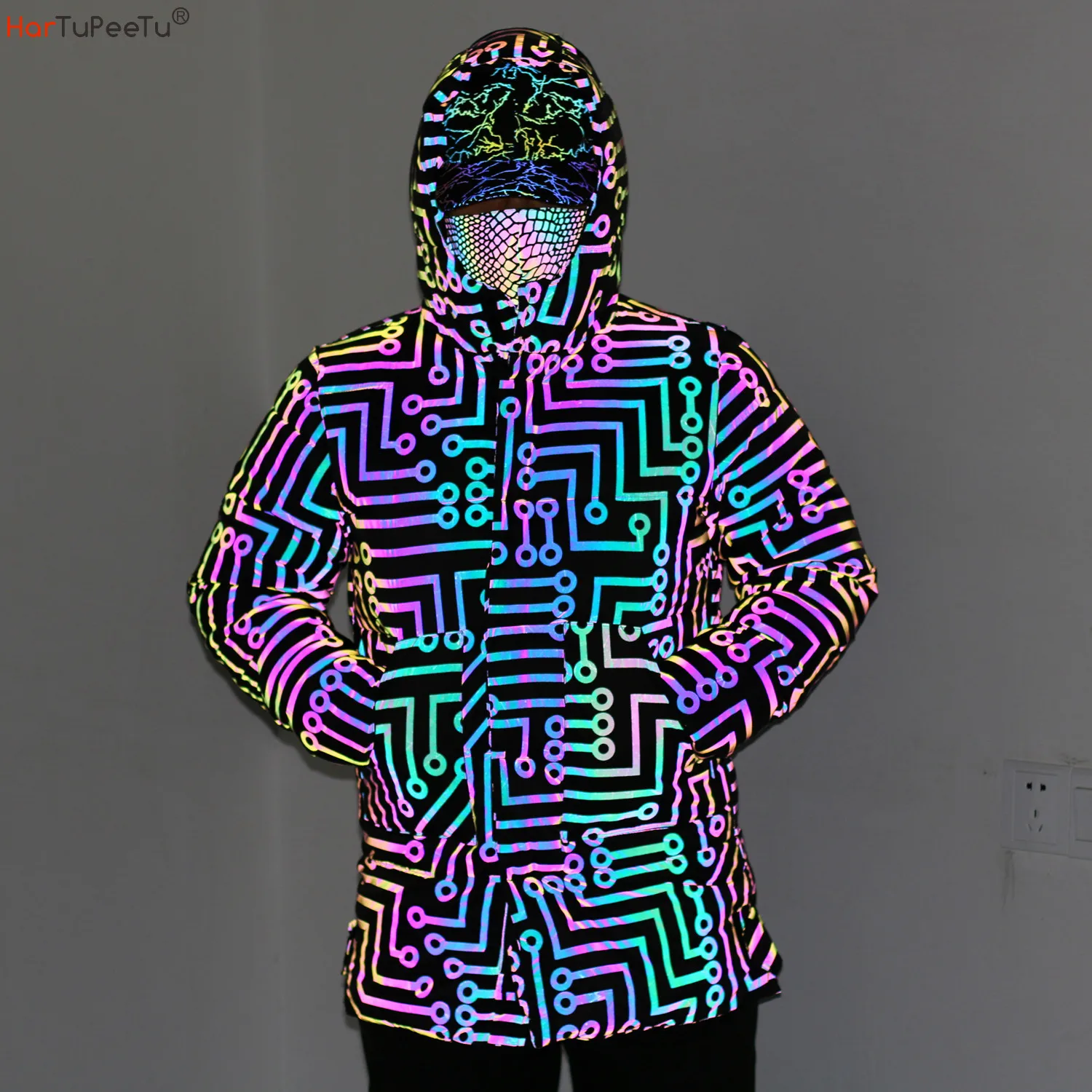 Top Trends: 2023 New Winter Men Rainbow Reflective Jacket Circuit Print Long Hooded Cotton Coat With Pockets Plus Size Loose Hip Hop Outwear Shoppable Styles