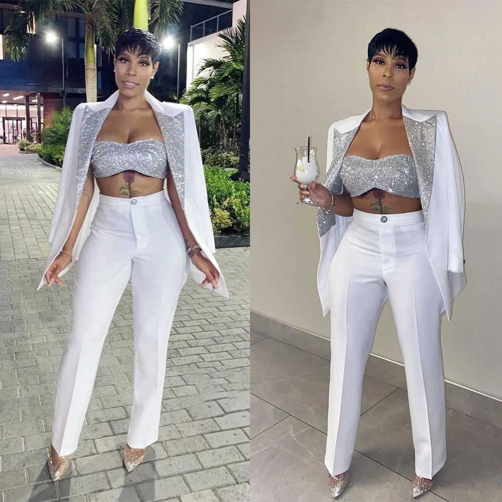 Top Trends: White Silver Color Matching Suits For Wedding Sequins Mother Of The Bride Pants Suit Evening Party Tuxedos Formal Wear 2 Pieces Shoppable Styles