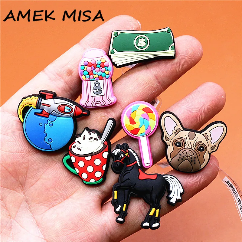 Top Trends: 1pcs Novely PVC Shoe Charms Accessories Banknote Candy Horse Bulldog Shoe Buckle Decorations Fit Kids X-mas Party Gifts U255 Shoppable Styles