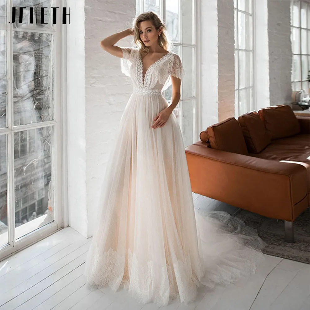 Top Trends: JEHETH Cap Sleeve Boho Wedding Dresses Backless Lace Appliques Beach Bride Gowns Robe De Mariée Dot Tulle V-Neck Sweep Train Shoppable Styles