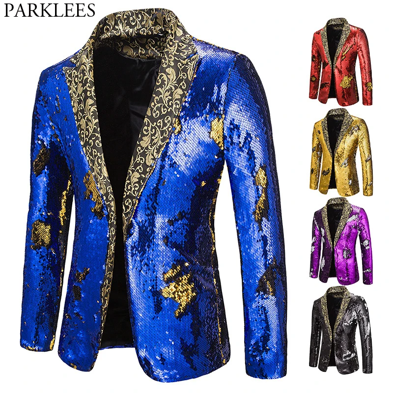 Top Trends: Luxury Royal Blue Sequin Glitter Blazer Jacket Men Flower Lapel 2 Color Conversion Blazers Mens Nightclub Stage Singers Custmes Shoppable Styles