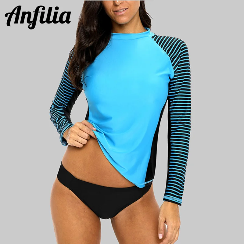 Top Trends: Anfilia Women Long Sleeved Rashguard Swimwear Striped Rash Guards Patchwork Surfing Swimsuits For Women Running Top UPF50+ Shoppable Styles