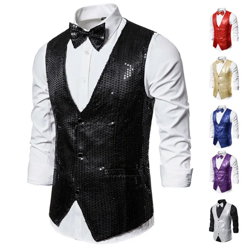 Top Trends: Fashion Mens Sequin Waistcoat Formal Business Suit Vest Wedding Nightclub Homme Stage For Singers Performers Tops Shoppable Styles