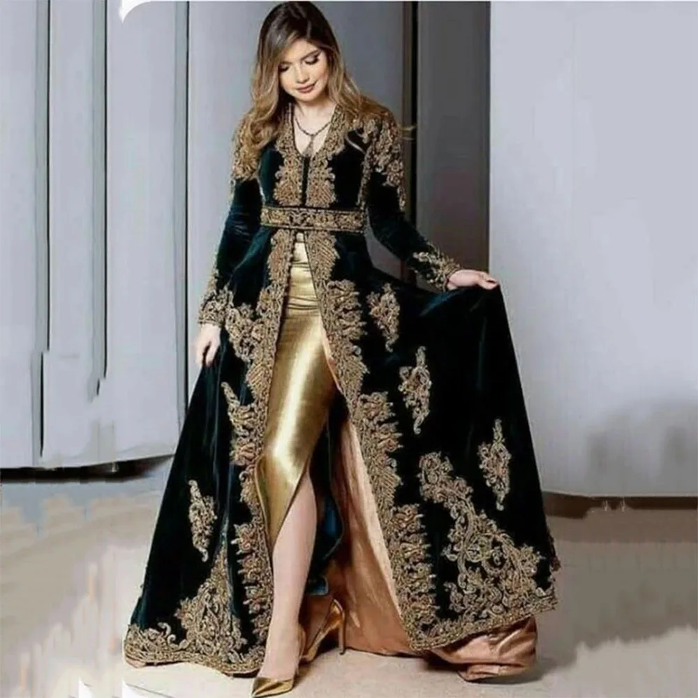 Top Trends: Moroccan Kaftan Algerian Evening Dresses Arabic Velvet Gold Black Applique Lace Mermaid Prom Dress فساتين السهرة Gala Robes 2024 Shoppable Styles