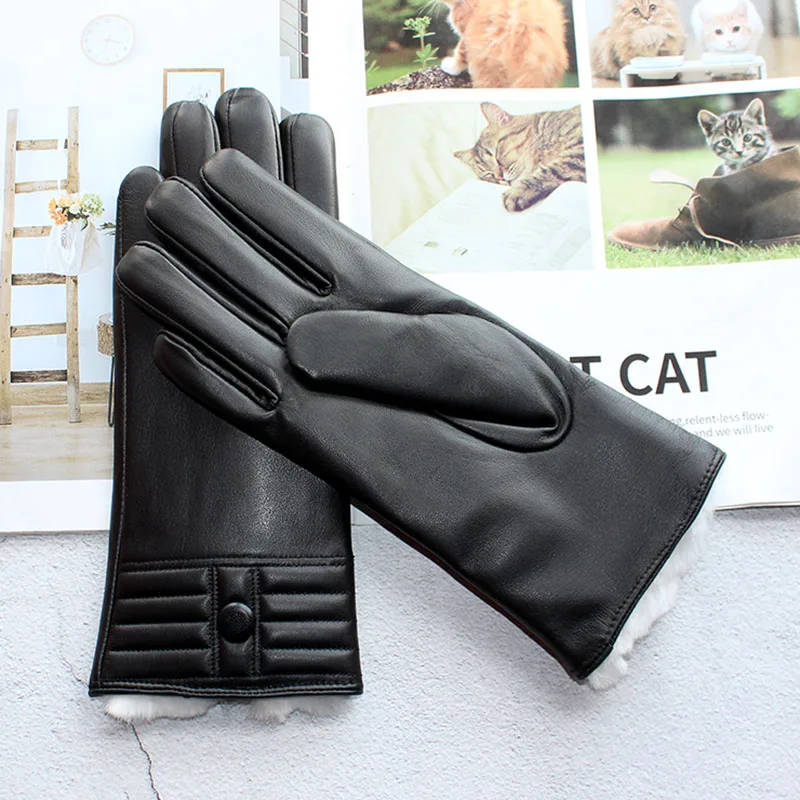 Top Trends: Winter Thickened Warmth Touch Screen Sheepskin Gloves Female Leather White Rabbit Fur Lining Outdoor Windproof Increase Finger Shoppable Styles - Image 6