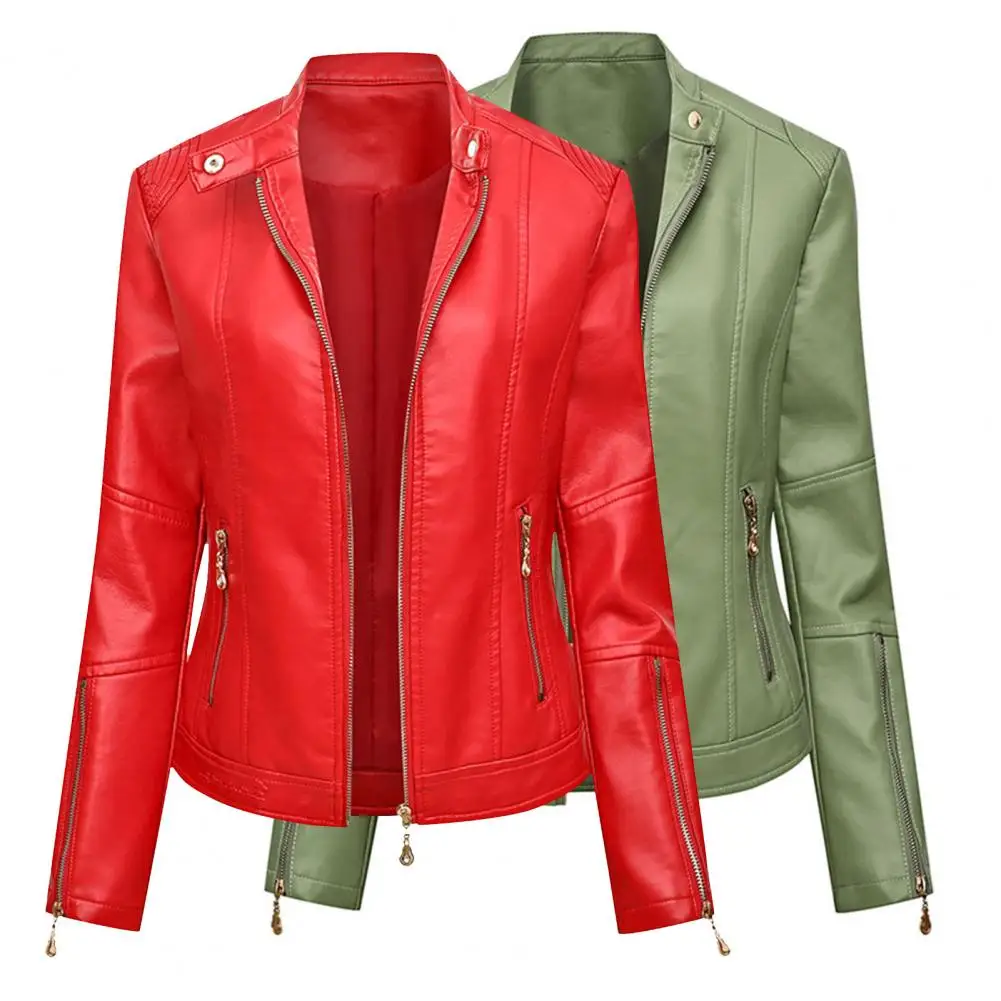 Top Trends: Women Spring Coat Solis Color Stylish PU Leather Biker Jacket Turn-down Collar Zipper Outfit Cardigan Motorcycle Coat Outwear Shoppable Styles