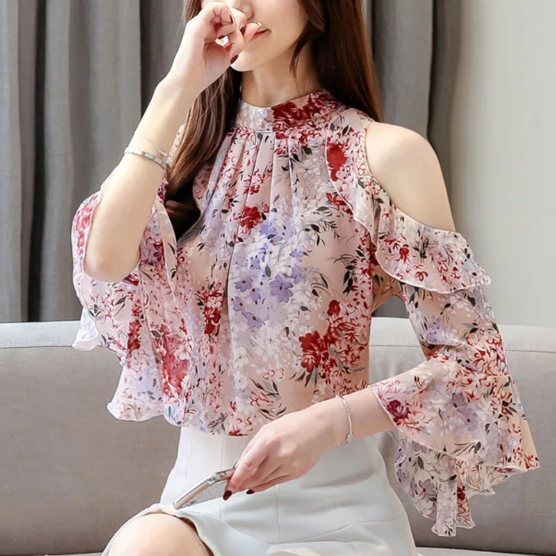 Top Trends: Clothing Femme 2022 New Ladies Tops Sweet Floral Chiffon Blouse For Women Ruffles Butterfly Sleeve Pink Shirts Blusas Mujer 2003 Shoppable Styles - Image 4