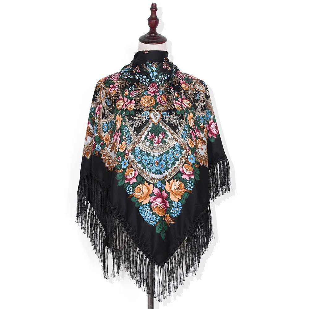 Top Trends: 135*135cm Women Russian Style Big Square Scarf Blanket Fringed Shawl Retro Floral Printed Scarves Babushka Hijab Head Wraps Shoppable Styles