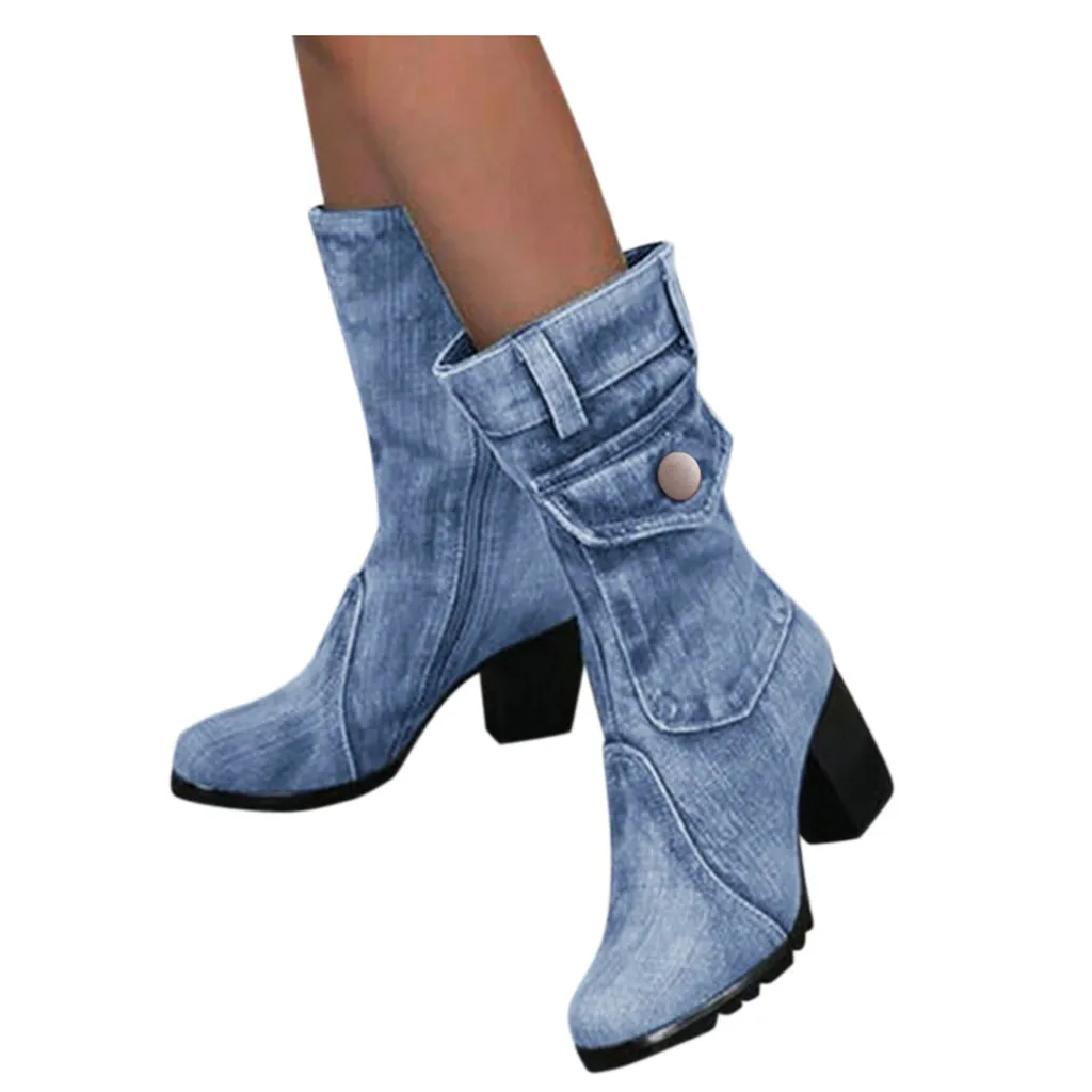 Top Trends: Blue Jeans Boots Women's Mid-rise Rome Solid Slip-On Chunky Med Heels Boots Wild Vintage Large Size Ladies Shoes Shoppable Styles