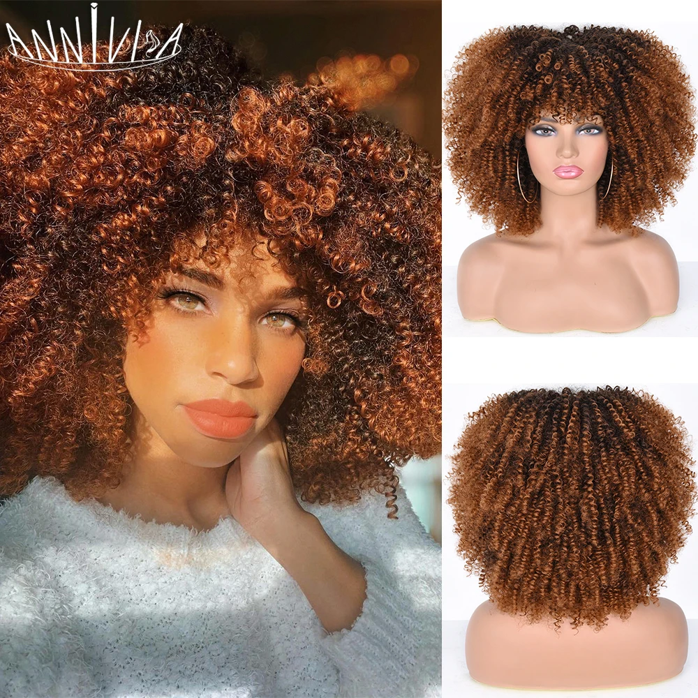 Top Trends: Short Afro Kinky Curly Wigs With Bangs For Black Women Synthetic Ombre Blonde Cosplay Wigs Glueless High Temperature Hair Shoppable Styles - Image 2