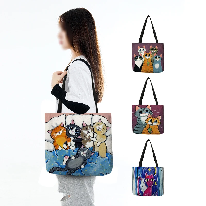 Top Trends: Cute Cartoon Cat Print Tote Handbag For Women Ladies Linen Cloth Shoulder Bag Outdoor Casual Leisure Shopping Bags For Groceries Shoppable Styles